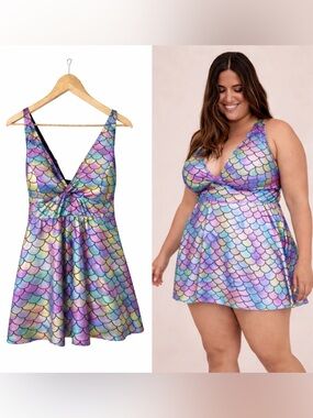 Torrid Mermaid Scale Swim Dress Size 2 Wireless One Piece Swimsuit UPF 50